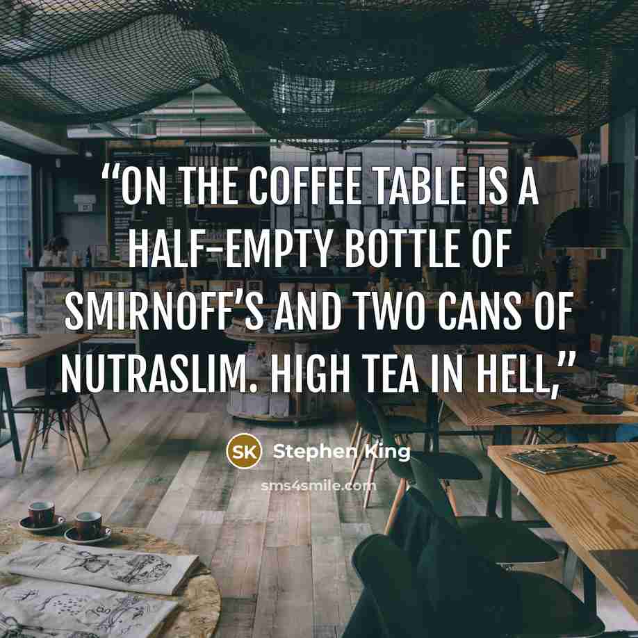 “On the coffee table is a half-empty bottle of Smirnoff’s and two cans of NutraSlim. High tea in hell,” quote by Stephen King
