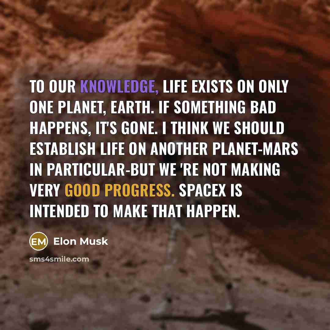 “To our knowledge, life exists on only one planet, Earth. If something bad happens, it's gone. I think we should establish life on another planet-Mars in particular-but we 're not making very good progress. SpaceX is intended to make that happen.” quote by Elon Musk