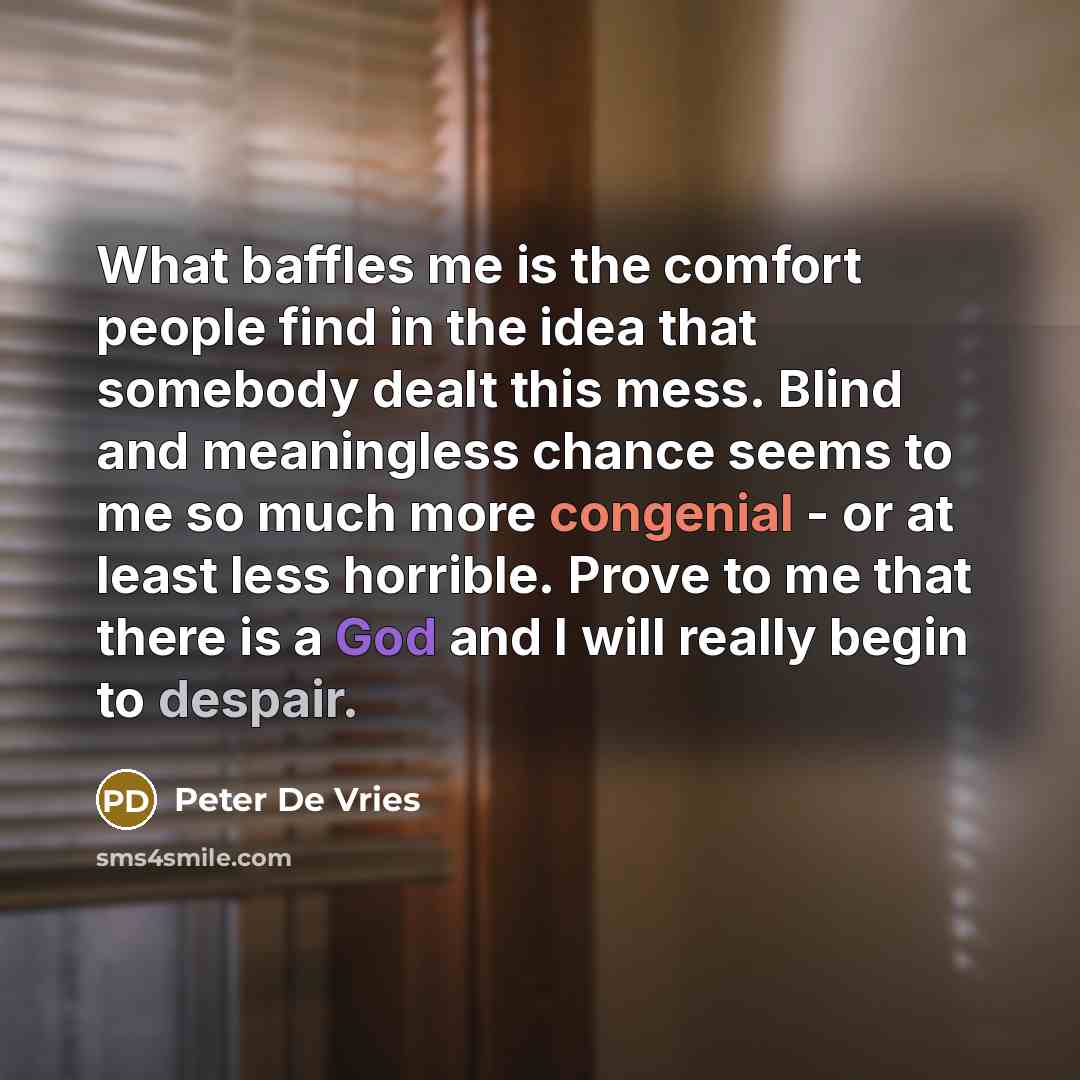 “What baffles me is the comfort people find in the idea that somebody dealt this mess. Blind and meaningless chance seems to me so much more congenial - or at least less horrible. Prove to me that there is a God and I will really begin to despair.” quote by Peter De Vries