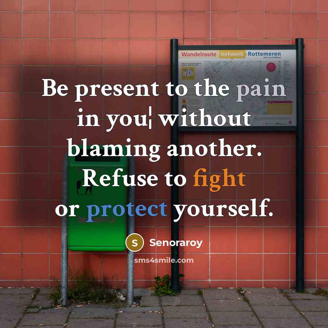 “Be present to the pain in you¦ without blaming another. Refuse to fight or protect yourself.” quote by Senoraroy