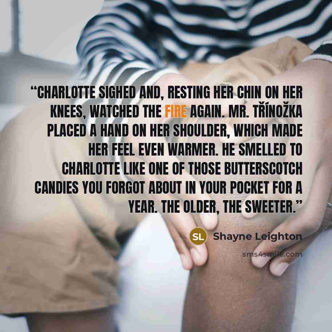 “Charlotte sighed and, resting her chin on her knees, watched the fire again. Mr. Třínožka placed a hand on her shoulder, which made her feel even warmer. He smelled to Charlotte like one of those butterscotch candies you forgot about in your pocket for a year. The older, the sweeter.” quote by Shayne Leighton