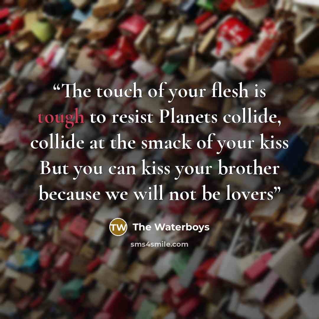 “The touch of your flesh is tough to resist Planets collide, collide at the smack of your kiss But you can kiss your brother because we will not be lovers” quote by The Waterboys