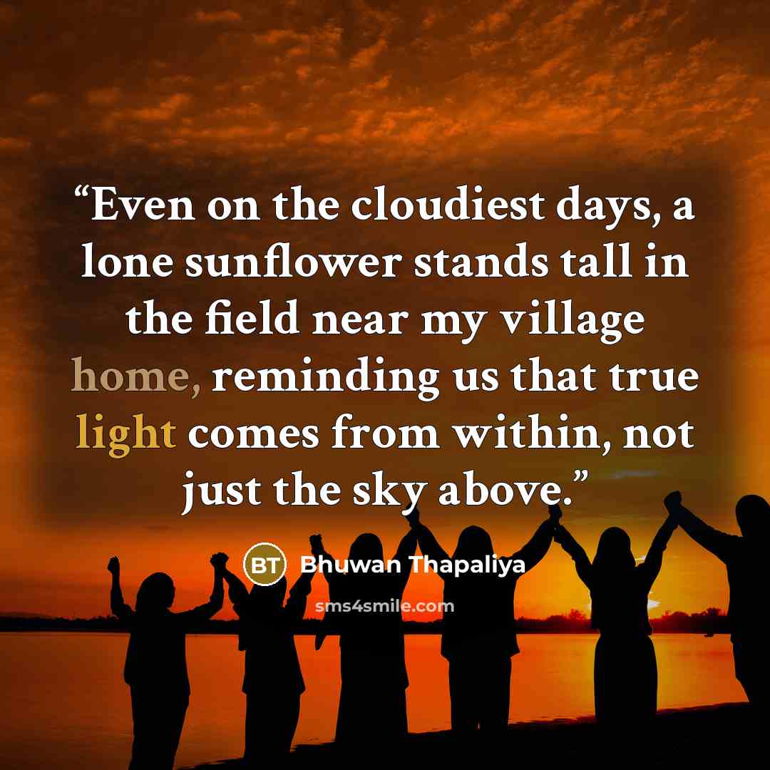 “Even on the cloudiest days, a lone sunflower stands tall in the field near my village home, reminding us that true light comes from within, not just the sky above.” quote by Bhuwan Thapaliya