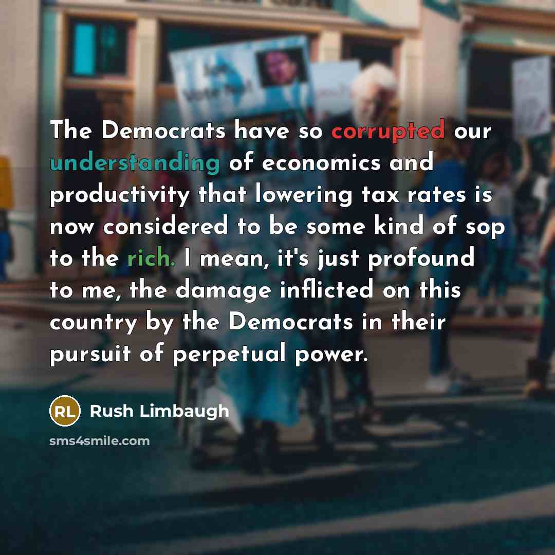 “The Democrats have so corrupted our understanding of economics and productivity that lowering tax rates is now considered to be some kind of sop to the rich. I mean, it's just profound to me, the damage inflicted on this country by the Democrats in their pursuit of perpetual power.” quote by Rush Limbaugh