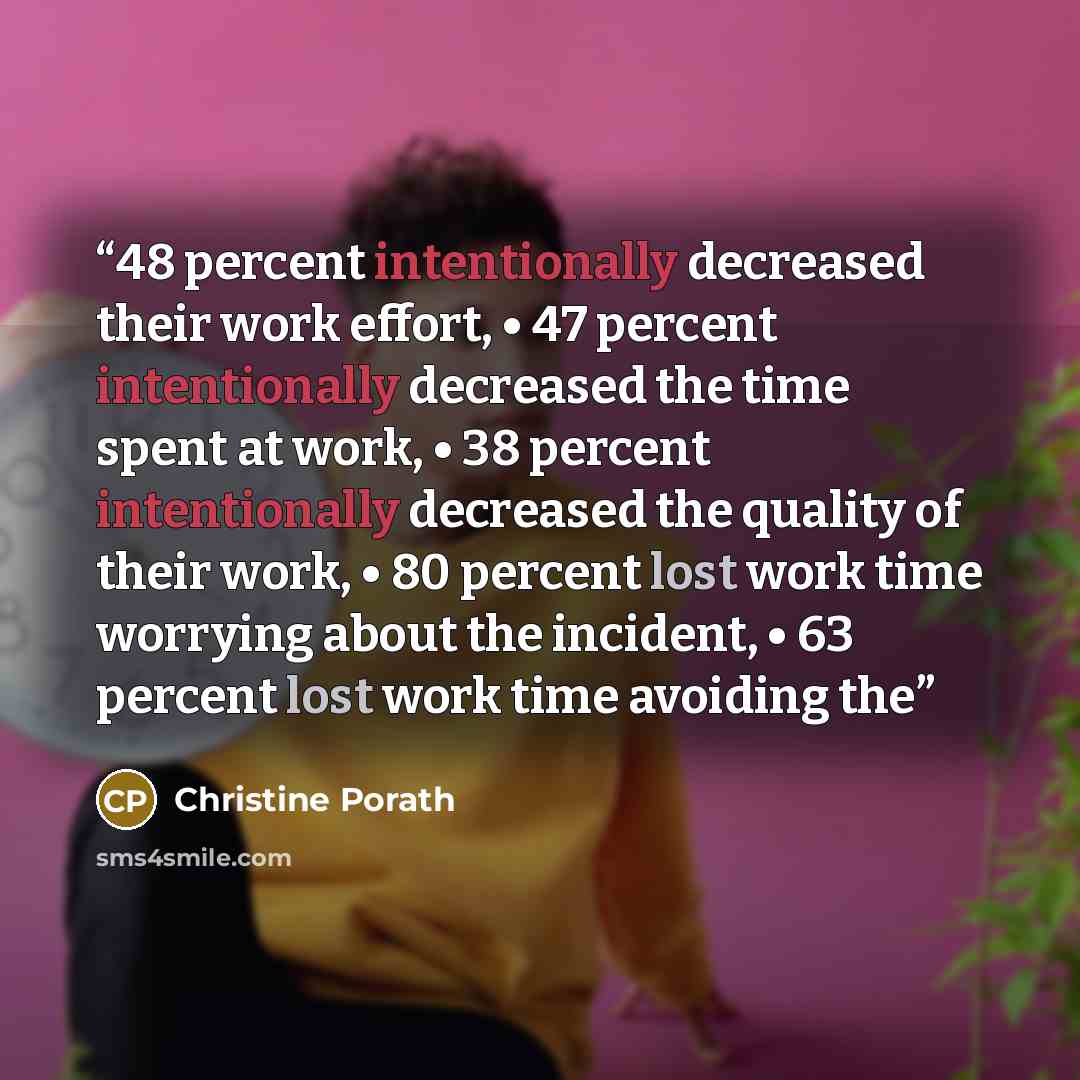 “48 percent intentionally decreased their work effort, • 47 percent intentionally decreased the time spent at work, • 38 percent intentionally decreased the quality of their work, • 80 percent lost work time worrying about the incident, • 63 percent lost work time avoiding the” quote by Christine Porath