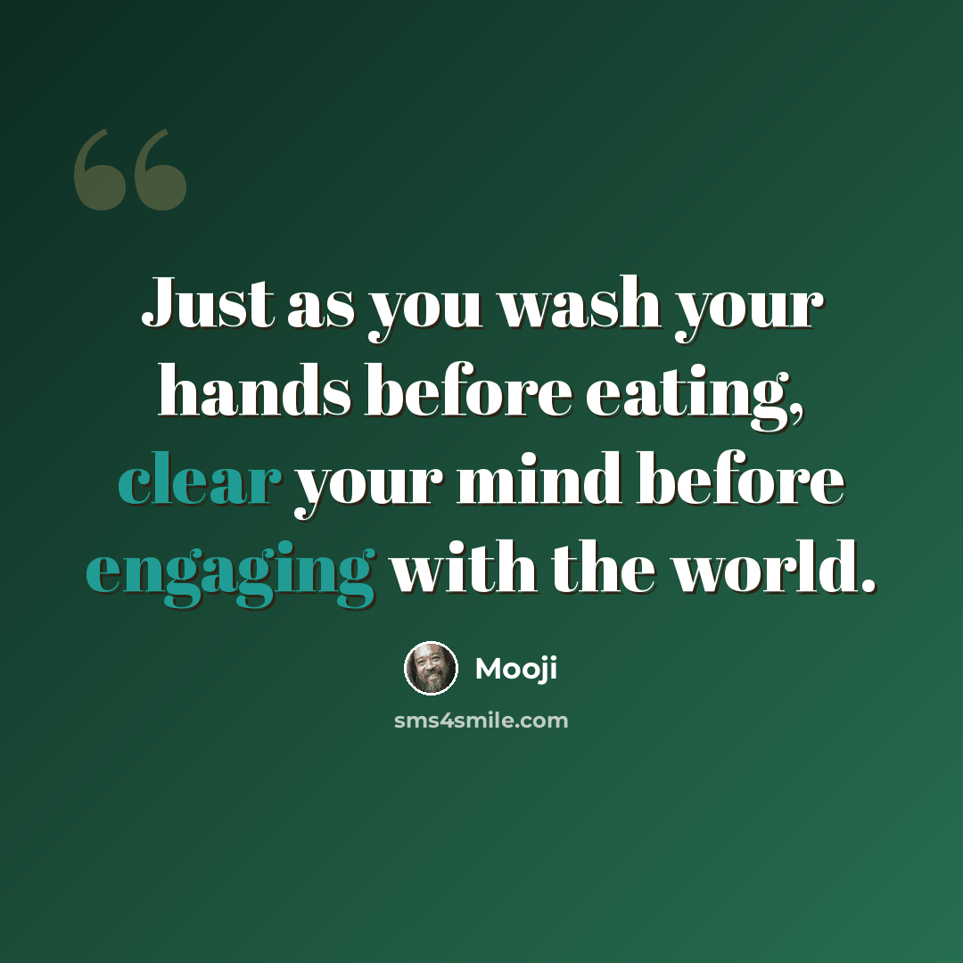 “Just as you wash your hands before eating, clear your mind before engaging with the world.” quote by Mooji