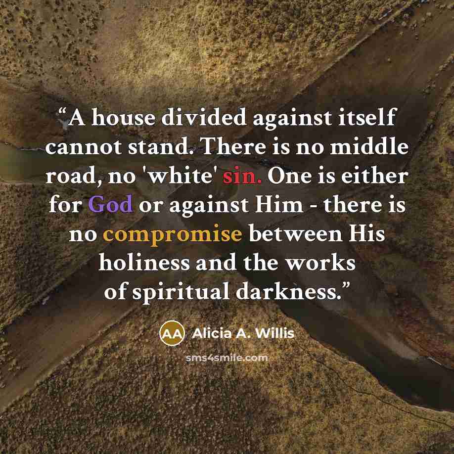 “A house divided against itself cannot stand. There is no middle road, no 'white' sin. One is either for God or against Him - there is no compromise between His holiness and the works of spiritual darkness.” quote by Alicia A. Willis