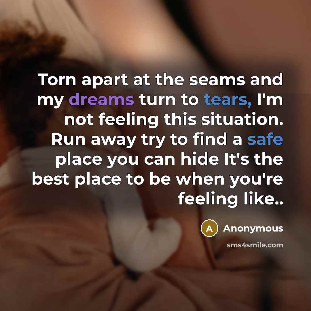 “Torn apart at the seams and my dreams turn to tears, I'm not feeling this situation. Run away try to find a safe place you can hide It's the best place to be when you're feeling like..” quote by Anonymous
