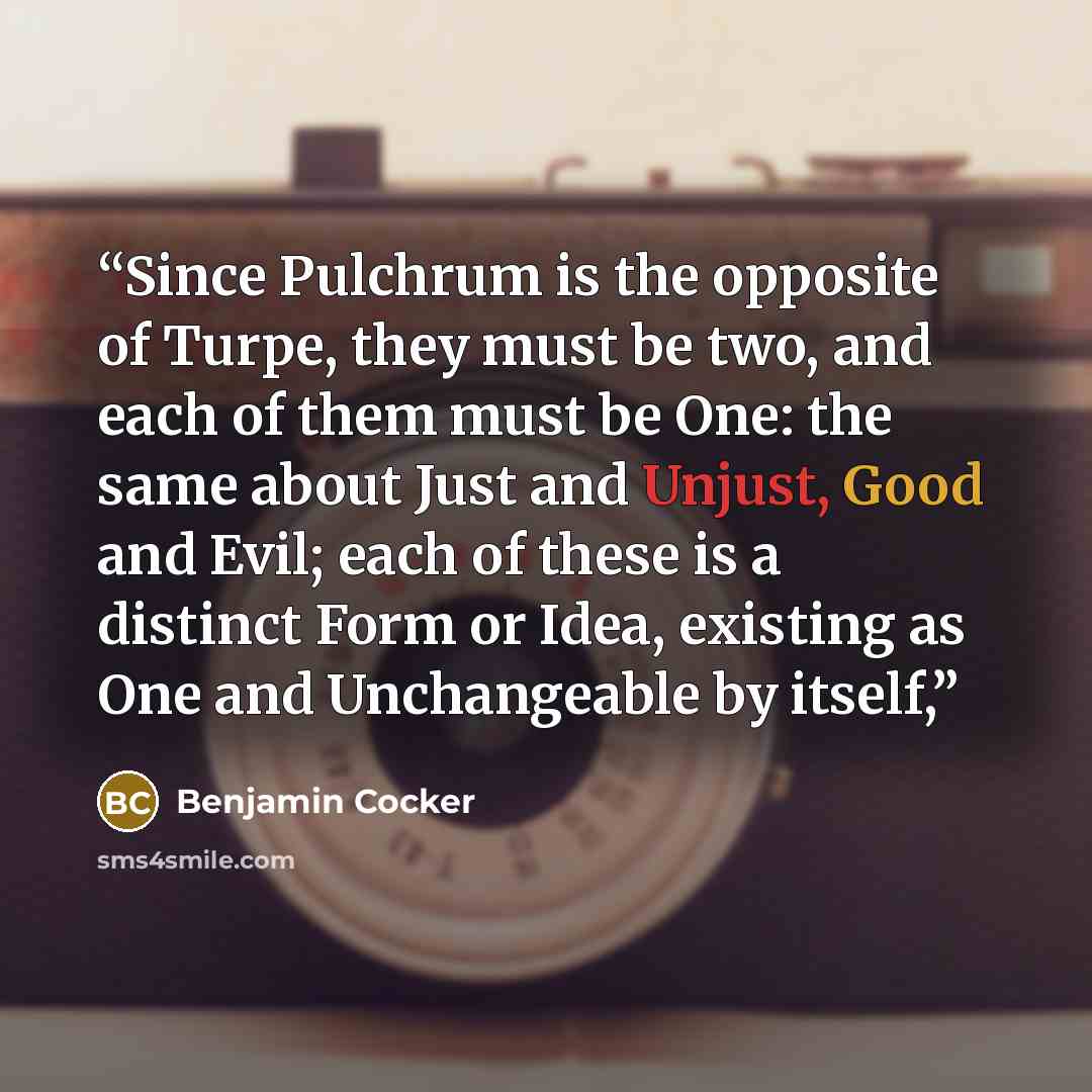 “Since Pulchrum is the opposite of Turpe, they must be two, and each of them must be One: the same about Just and Unjust, Good and Evil; each of these is a distinct Form or Idea, existing as One and Unchangeable by itself,” quote by Benjamin Cocker