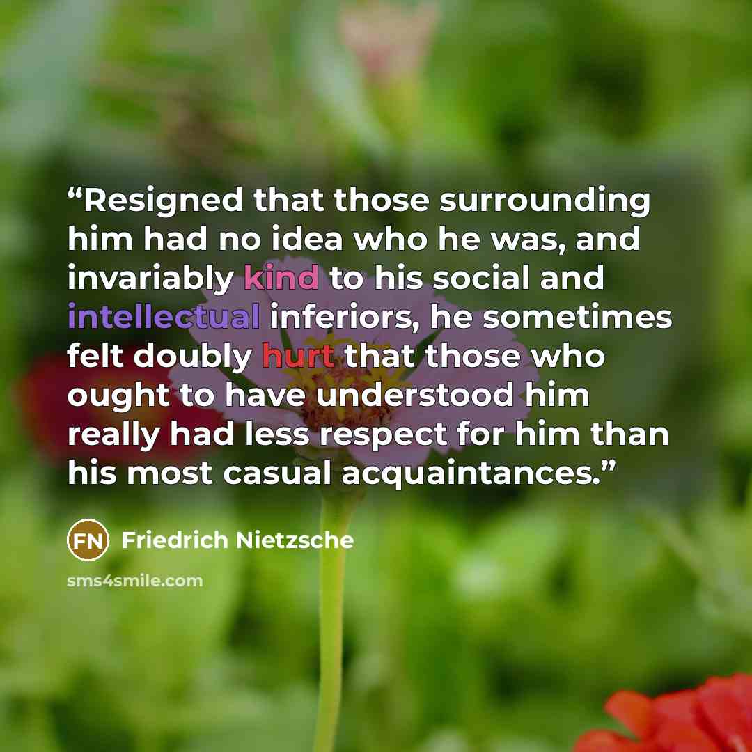 “Resigned that those surrounding him had no idea who he was, and invariably kind to his social and intellectual inferiors, he sometimes felt doubly hurt that those who ought to have understood him really had less respect for him than his most casual acquaintances.” quote by Friedrich Nietzsche