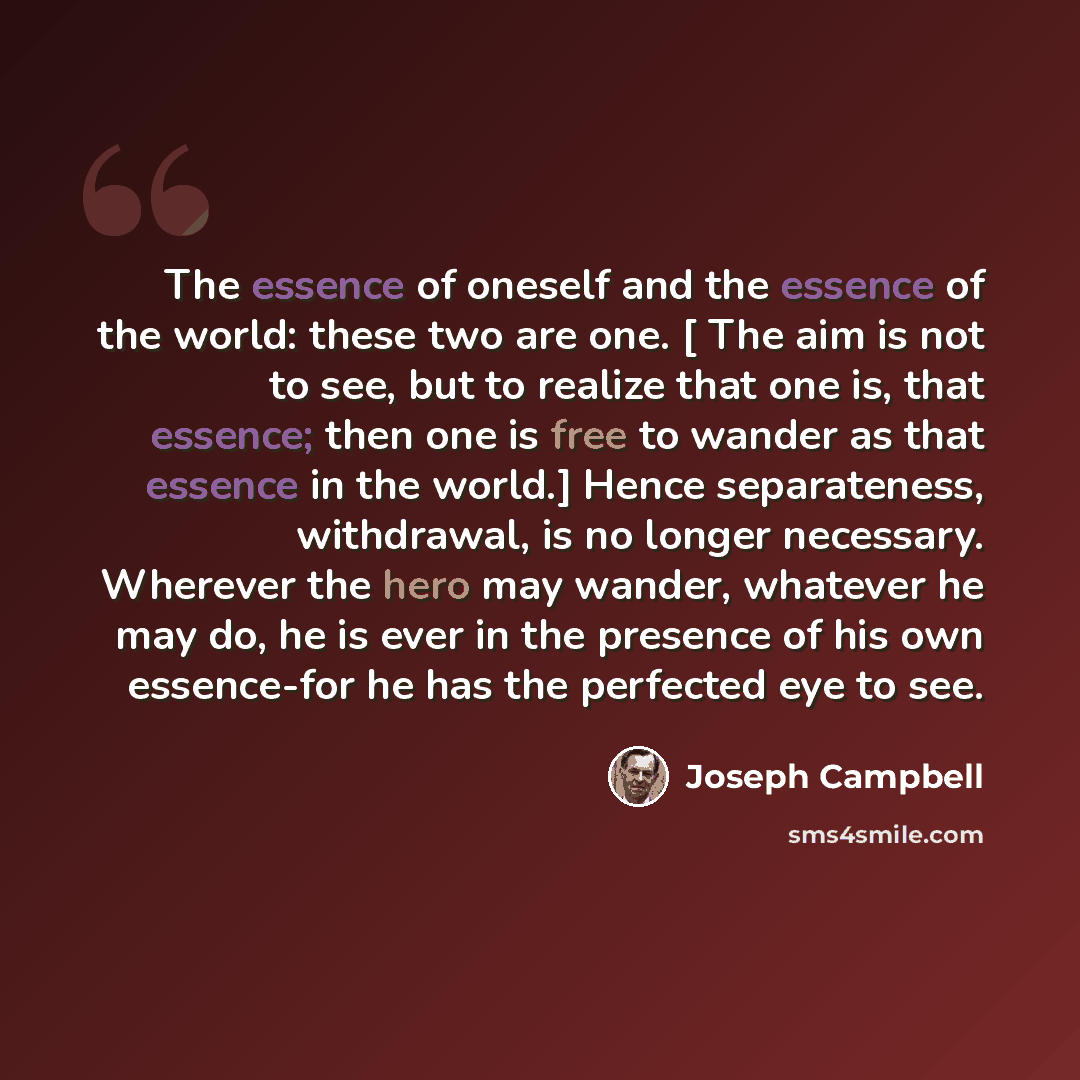 “The essence of oneself and the essence of the world: these two are one. [ The aim is not to see, but to realize that one is, that essence; then one is free to wander as that essence in the world.] Hence separateness, withdrawal, is no longer necessary. Wherever the hero may wander, whatever he may…” quote by Joseph Campbell