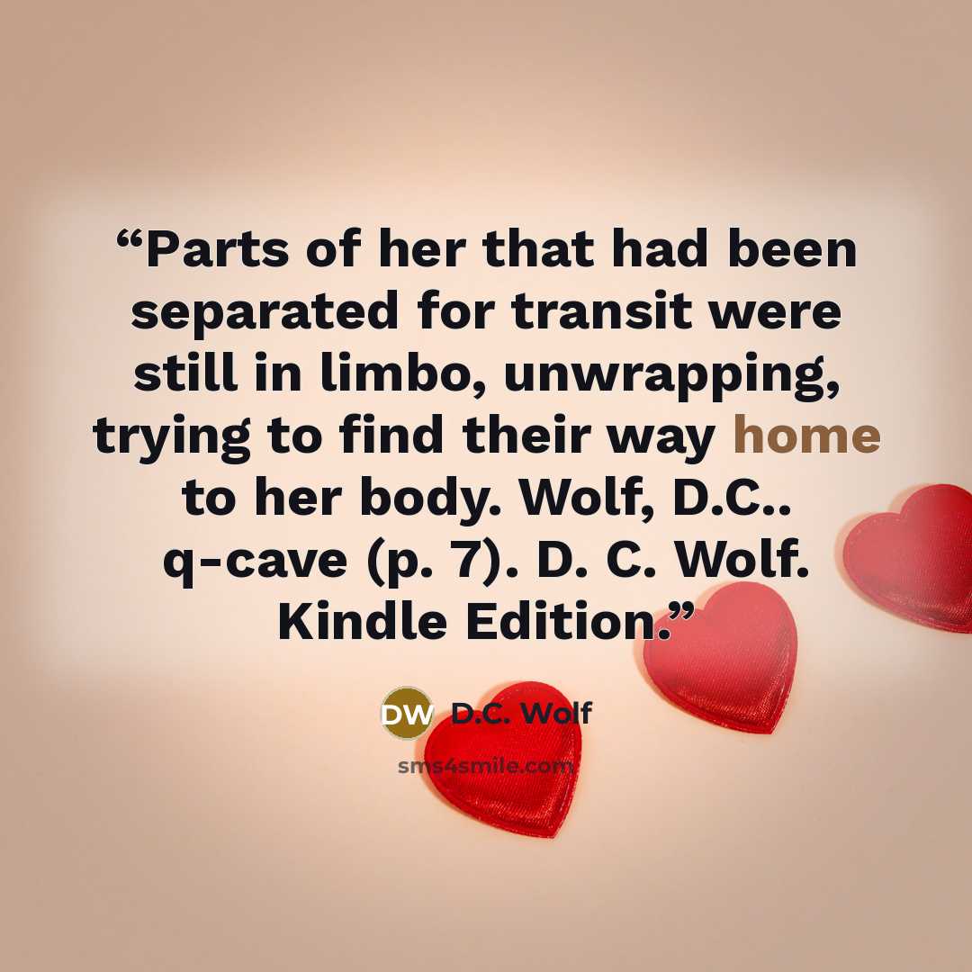 “Parts of her that had been separated for transit were still in limbo, unwrapping, trying to find their way home to her body. Wolf, D.C.. q-cave (p. 7). D. C. Wolf. Kindle Edition.” quote by D.C. Wolf