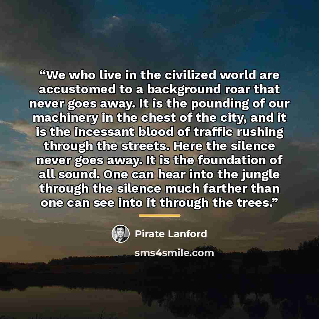 “We who live in the civilized world are accustomed to a background roar that never goes away. It is the pounding of our machinery in the chest of the city, and it is the incessant blood of traffic rushing through the streets. Here the silence never goes away. It is the foundation of all sound. One…” quote by Pirate Lanford