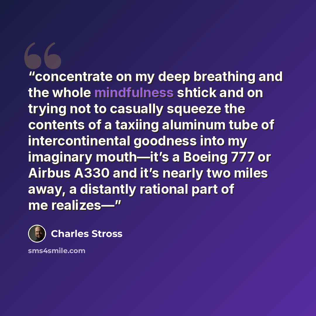 “concentrate on my deep breathing and the whole mindfulness shtick and on trying not to casually squeeze the contents of a taxiing aluminum tube of intercontinental goodness into my imaginary mouth—it’s a Boeing 777 or Airbus A330 and it’s nearly two miles away, a distantly rational part of me…” quote by Charles Stross