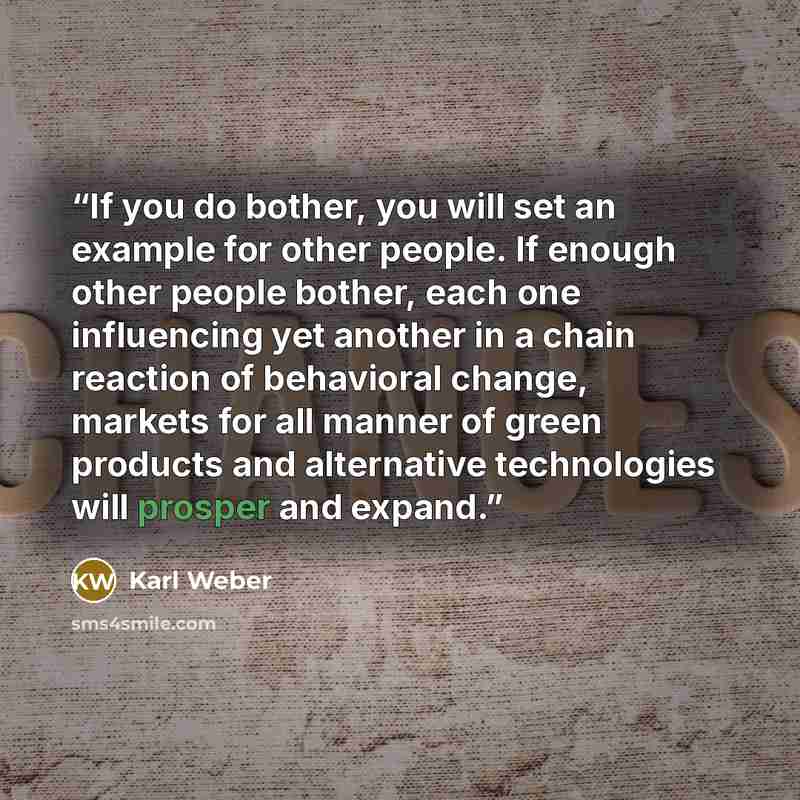 “If you do bother, you will set an example for other people. If enough other people bother, each one influencing yet another in a chain reaction of behavioral change, markets for all manner of green products and alternative technologies will prosper and expand.” quote by Karl Weber