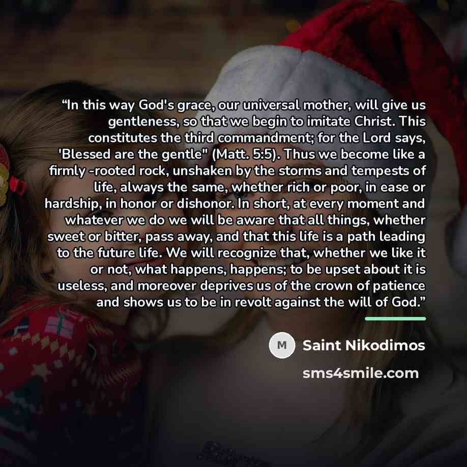 “In this way God's grace, our universal mother, will give us gentleness, so that we begin to imitate Christ. This constitutes the third commandment; for the Lord says, 'Blessed are the gentle" (Matt. 5:5). Thus we become like a firmly -rooted rock, unshaken by the storms and tempests of life…” quote by Saint Nikodimos