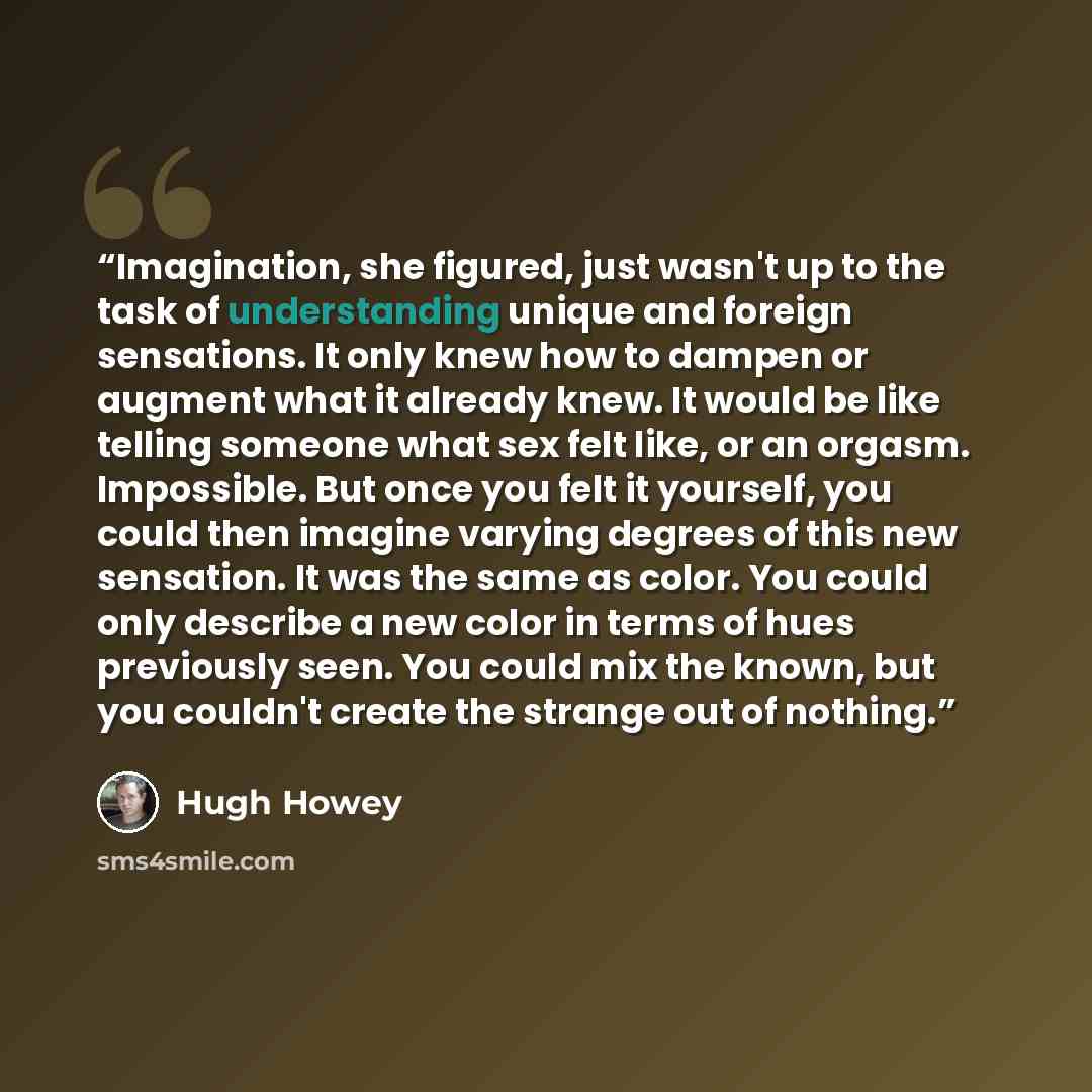 “Imagination, she figured, just wasn't up to the task of understanding unique and foreign sensations. It only knew how to dampen or augment what it already knew. It would be like telling someone what sex felt like, or an orgasm. Impossible. But once you felt it yourself, you could then imagine…” quote by Hugh Howey
