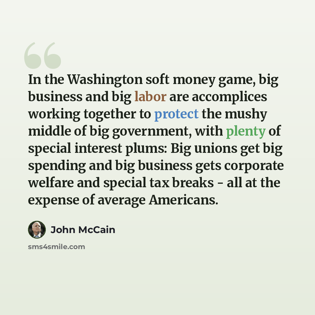 “In the Washington soft money game, big business and big labor are accomplices working together to protect the mushy middle of big government, with plenty of special interest plums: Big unions get big spending and big business gets corporate welfare and special tax breaks - all at the expense of…” quote by John McCain