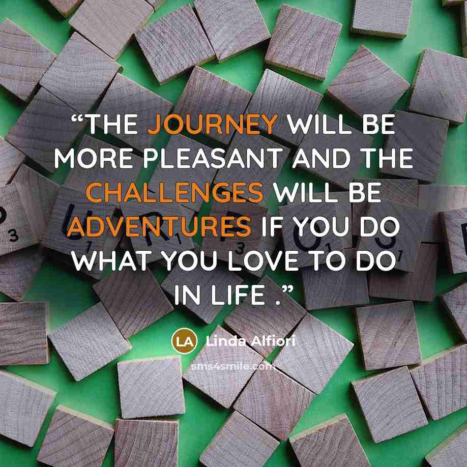 “THE JOURNEY WILL BE MORE PLEASANT AND THE CHALLENGES WILL BE ADVENTURES IF YOU DO WHAT YOU LOVE TO DO IN LIFE .” quote by Linda Alfiori