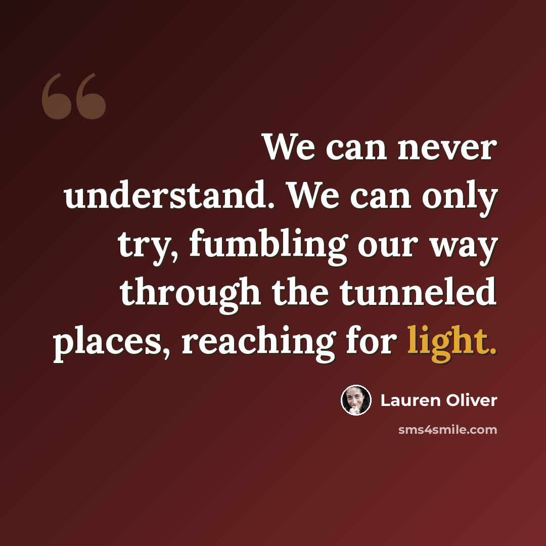 “We can never understand. We can only try, fumbling our way through the tunneled places, reaching for light.” quote by Lauren Oliver