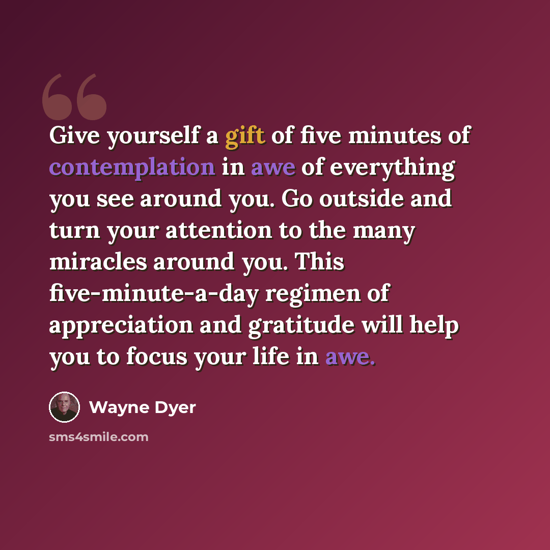 “Give yourself a gift of five minutes of contemplation in awe of everything you see around you. Go outside and turn your attention to the many miracles around you. This five-minute-a-day regimen of appreciation and gratitude will help you to focus your life in awe.” quote by Wayne Dyer