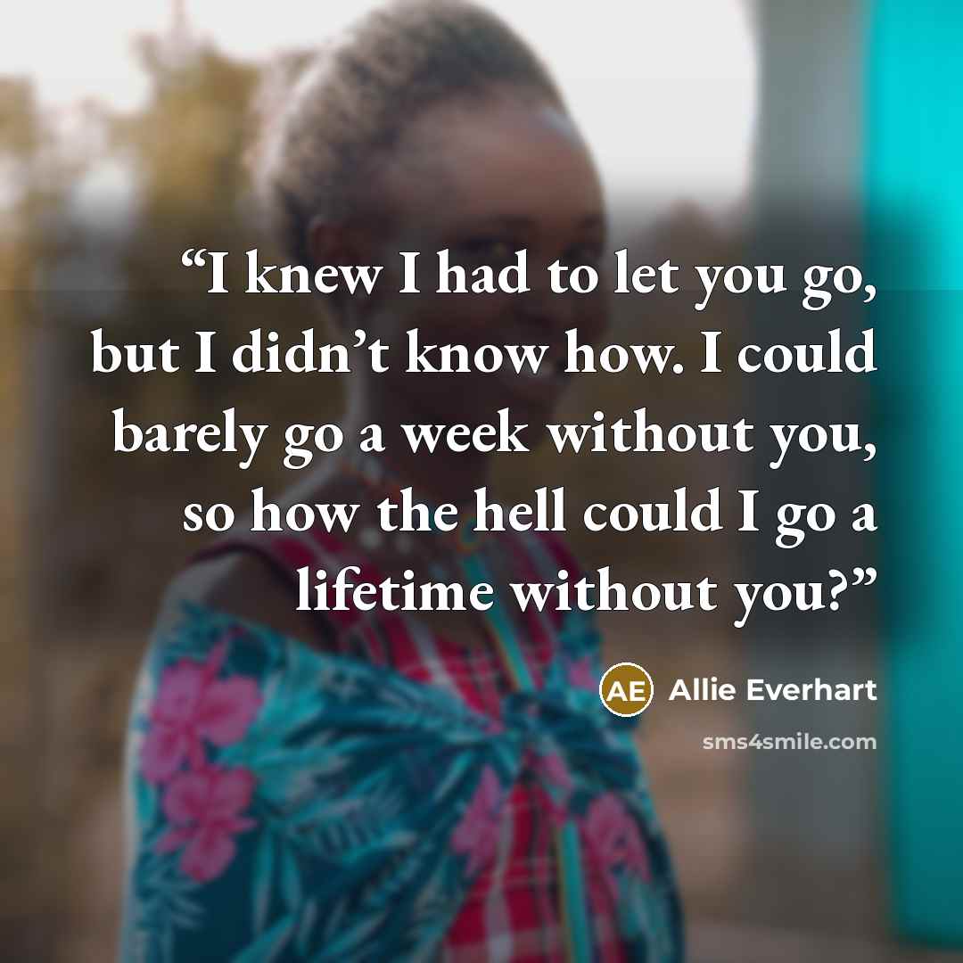 “I knew I had to let you go, but I didn’t know how. I could barely go a week without you, so how the hell could I go a lifetime without you?” quote by Allie Everhart