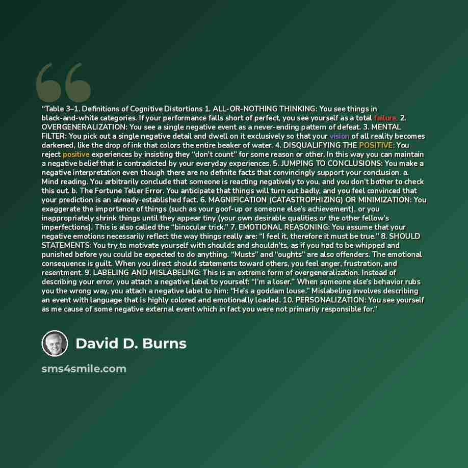 “Table 3–1. Definitions of Cognitive Distortions 1. ALL-OR-NOTHING THINKING: You see things in black-and-white categories. If your performance falls short of perfect, you see yourself as a total failure. 2. OVERGENERALIZATION: You see a single negative event as a never-ending pattern of defeat. 3…” quote by David D. Burns