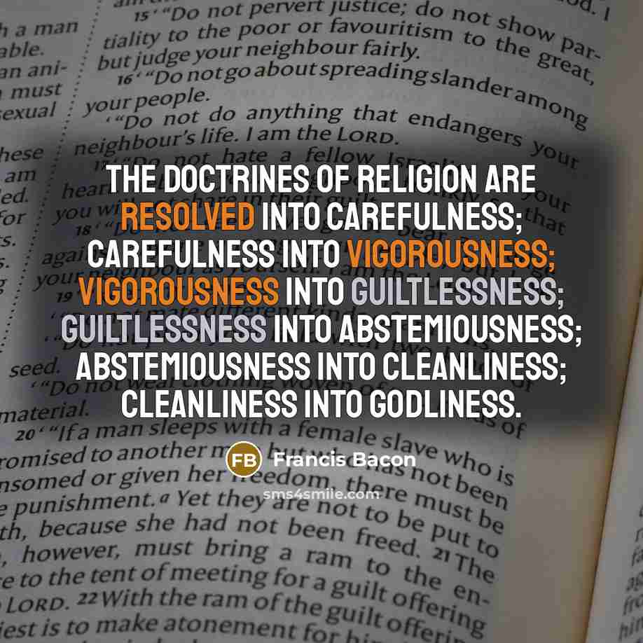 “The doctrines of religion are resolved into carefulness; carefulness into vigorousness; vigorousness into guiltlessness; guiltlessness into abstemiousness; abstemiousness into cleanliness; cleanliness into godliness.” quote by Francis Bacon