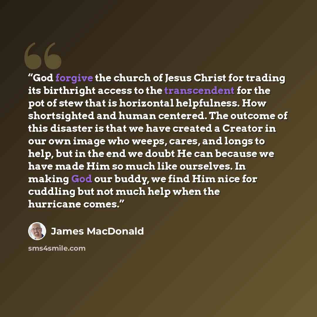 “God forgive the church of Jesus Christ for trading its birthright access to the transcendent for the pot of stew that is horizontal helpfulness. How shortsighted and human centered. The outcome of this disaster is that we have created a Creator in our own image who weeps, cares, and longs to help…” quote by James MacDonald