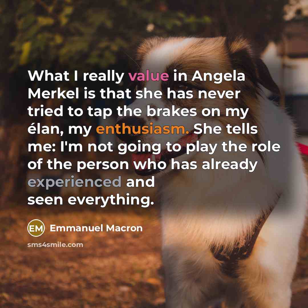 “What I really value in Angela Merkel is that she has never tried to tap the brakes on my élan, my enthusiasm. She tells me: I'm not going to play the role of the person who has already experienced and seen everything.” quote by Emmanuel Macron
