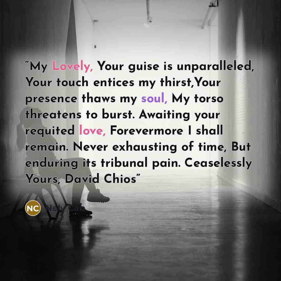 “My Lovely, Your guise is unparalleled, Your touch entices my thirst,Your presence thaws my soul, My torso threatens to burst. Awaiting your requited love, Forevermore I shall remain. Never exhausting of time, But enduring its tribunal pain. Ceaselessly Yours, David Chios” quote by Nely Cab