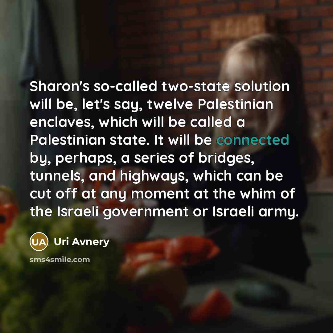 “Sharon's so-called two-state solution will be, let's say, twelve Palestinian enclaves, which will be called a Palestinian state. It will be connected by, perhaps, a series of bridges, tunnels, and highways, which can be cut off at any moment at the whim of the Israeli government or Israeli army.” quote by Uri Avnery