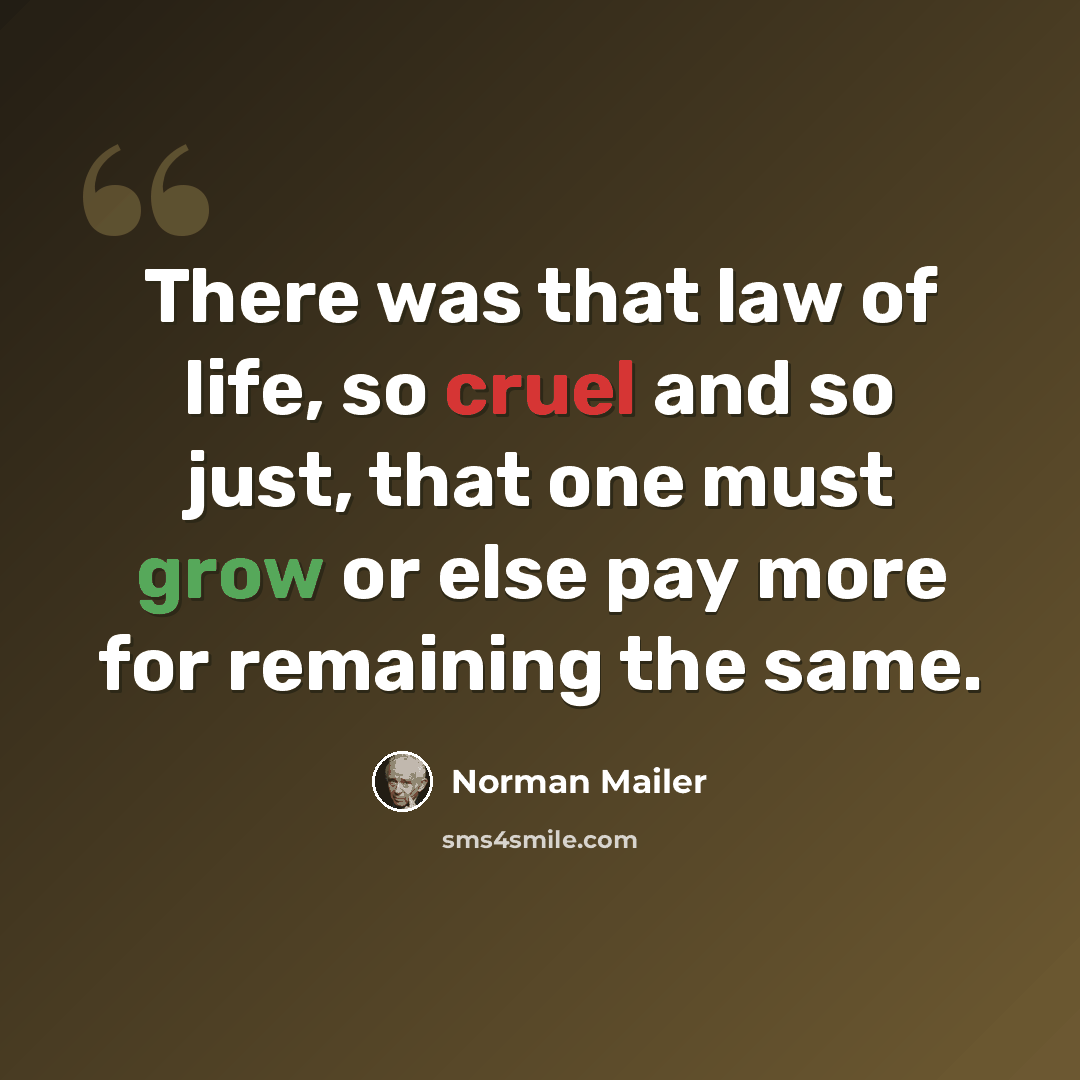 “There was that law of life, so cruel and so just, that one must grow or else pay more for remaining the same.” quote by Norman Mailer