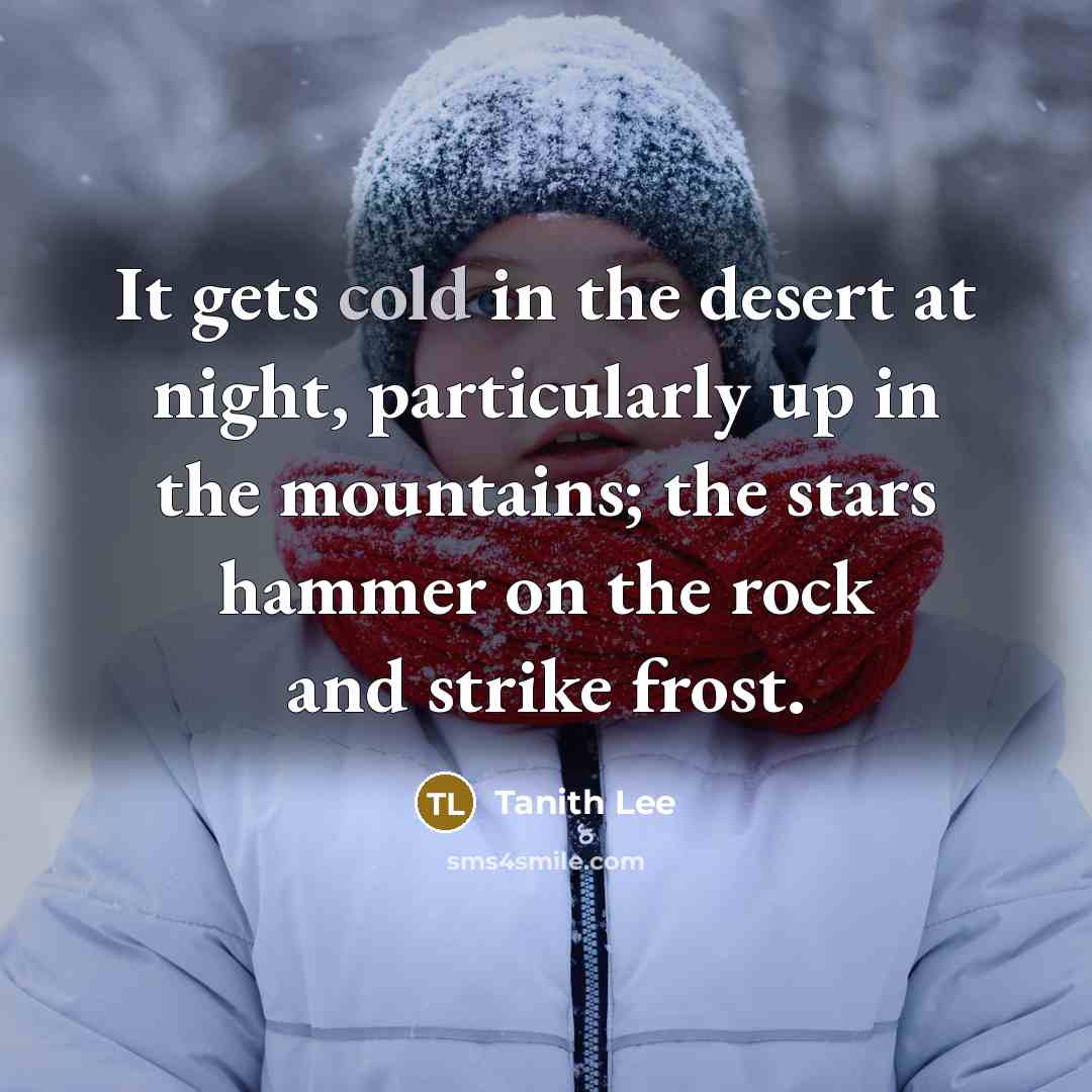 “It gets cold in the desert at night, particularly up in the mountains; the stars hammer on the rock and strike frost.” quote by Tanith Lee