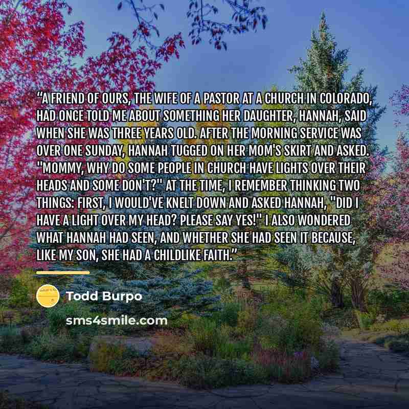 “A friend of ours, the wife of a pastor at a church in Colorado, had once told me about something her daughter, Hannah, said when she was three years old. After the morning service was over one Sunday, Hannah tugged on her mom's skirt and asked. "Mommy, why do some people in church have lights over…” quote by Todd Burpo