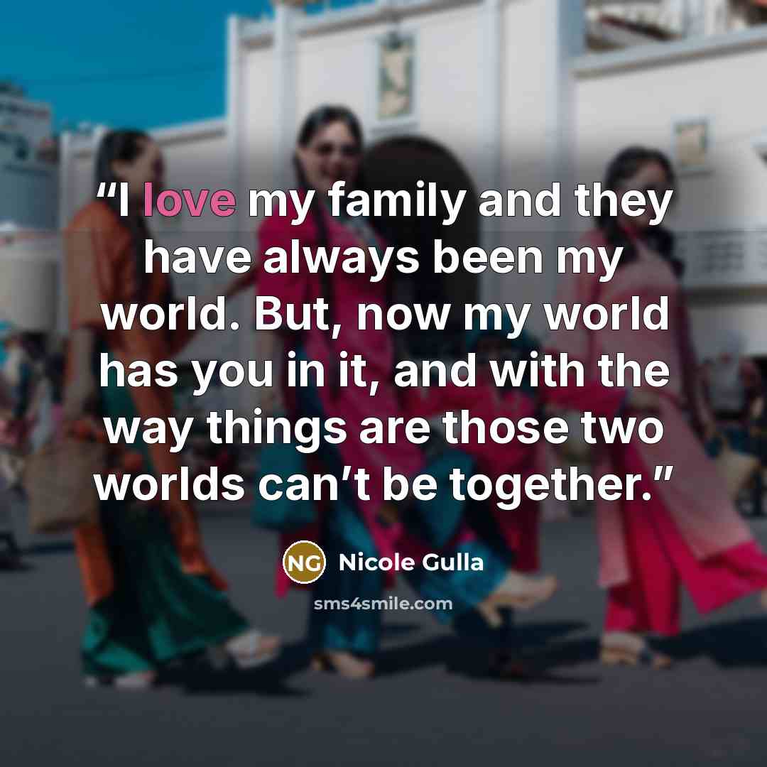 “I love my family and they have always been my world. But, now my world has you in it, and with the way things are those two worlds can’t be together.” quote by Nicole Gulla