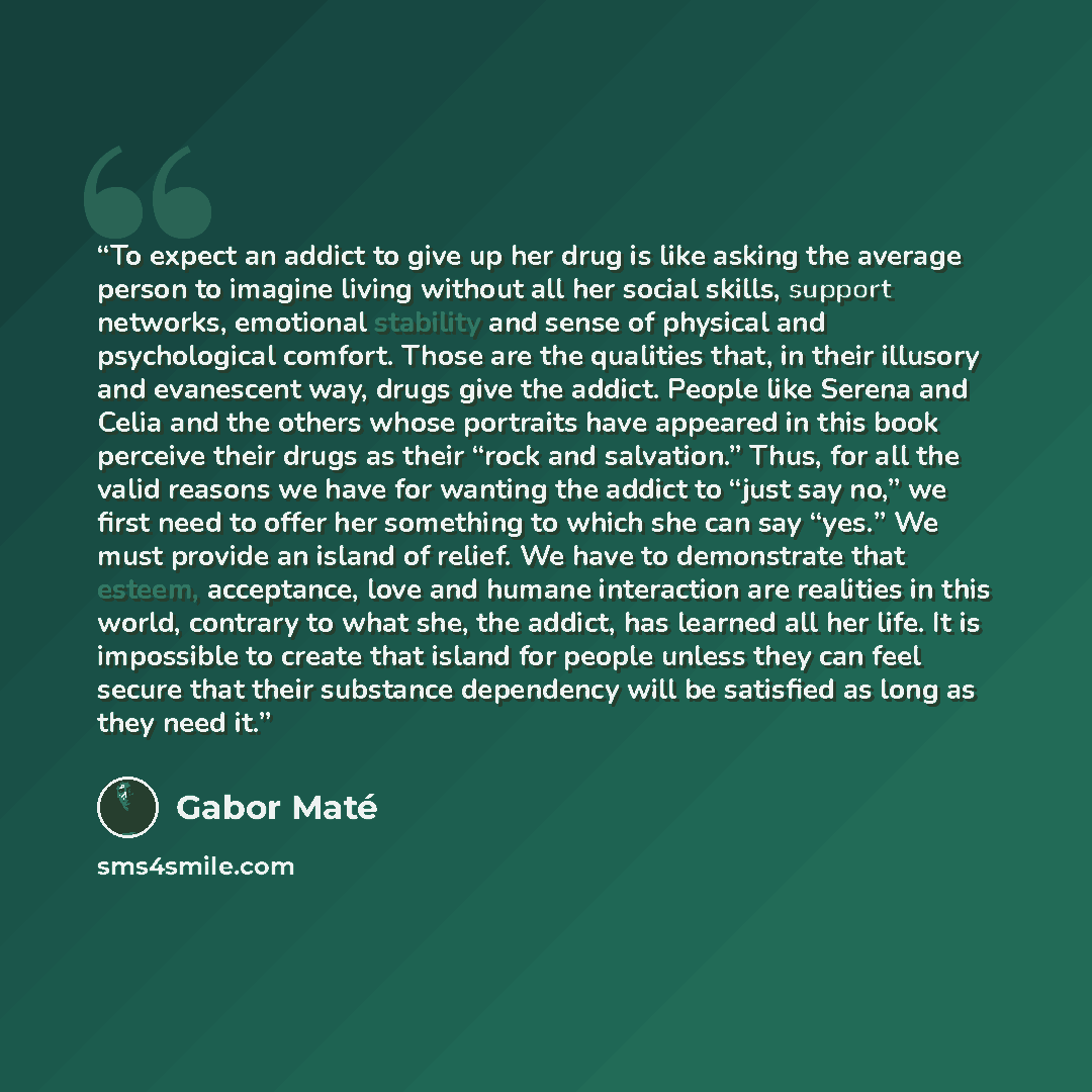 “To expect an addict to give up her drug is like asking the average person to imagine living without all her social skills, support networks, emotional stability and sense of physical and psychological comfort. Those are the qualities that, in their illusory and evanescent way, drugs give the…” quote by Gabor Maté