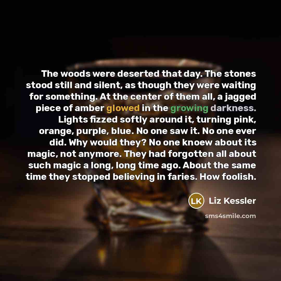 “The woods were deserted that day. The stones stood still and silent, as though they were waiting for something. At the center of them all, a jagged piece of amber glowed in the growing darkness. Lights fizzed softly around it, turning pink, orange, purple, blue. No one saw it. No one ever did. Why…” quote by Liz Kessler