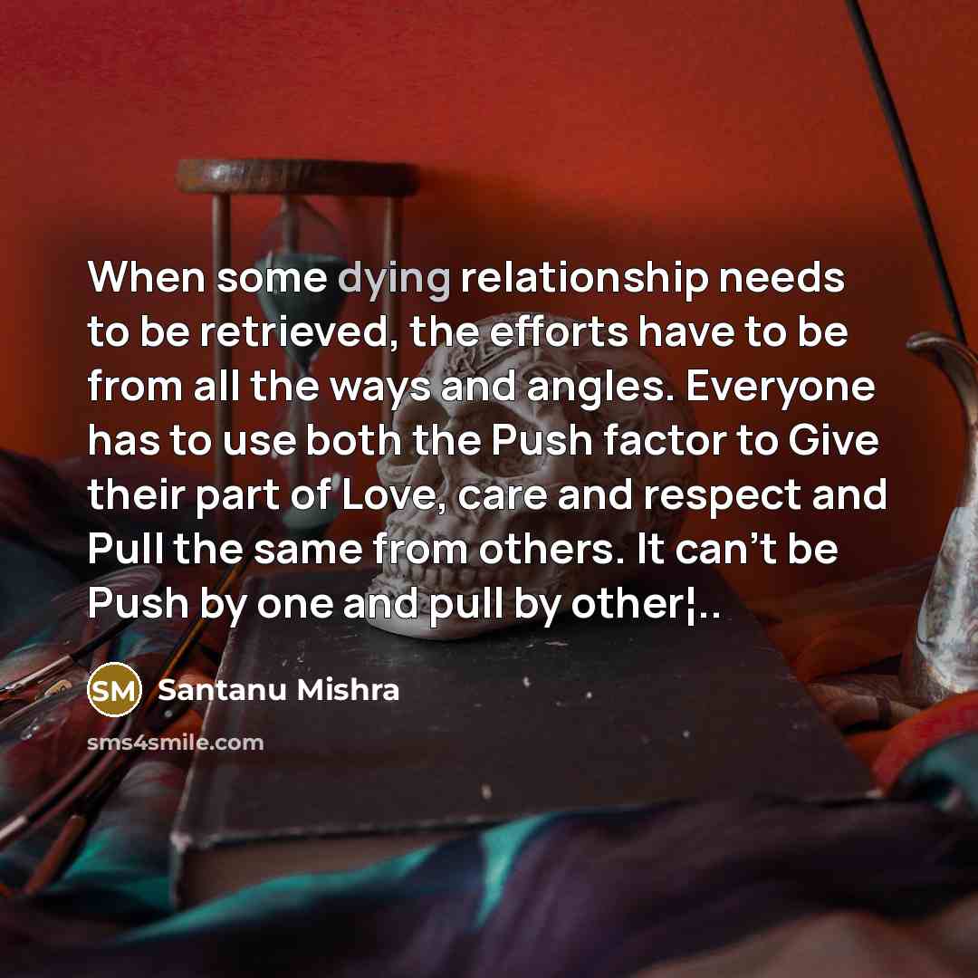 “When some dying relationship needs to be retrieved, the efforts have to be from all the ways and angles. Everyone has to use both the Push factor to Give their part of Love, care and respect and Pull the same from others. It can't be Push by one and pull by other¦..” quote by Santanu Mishra