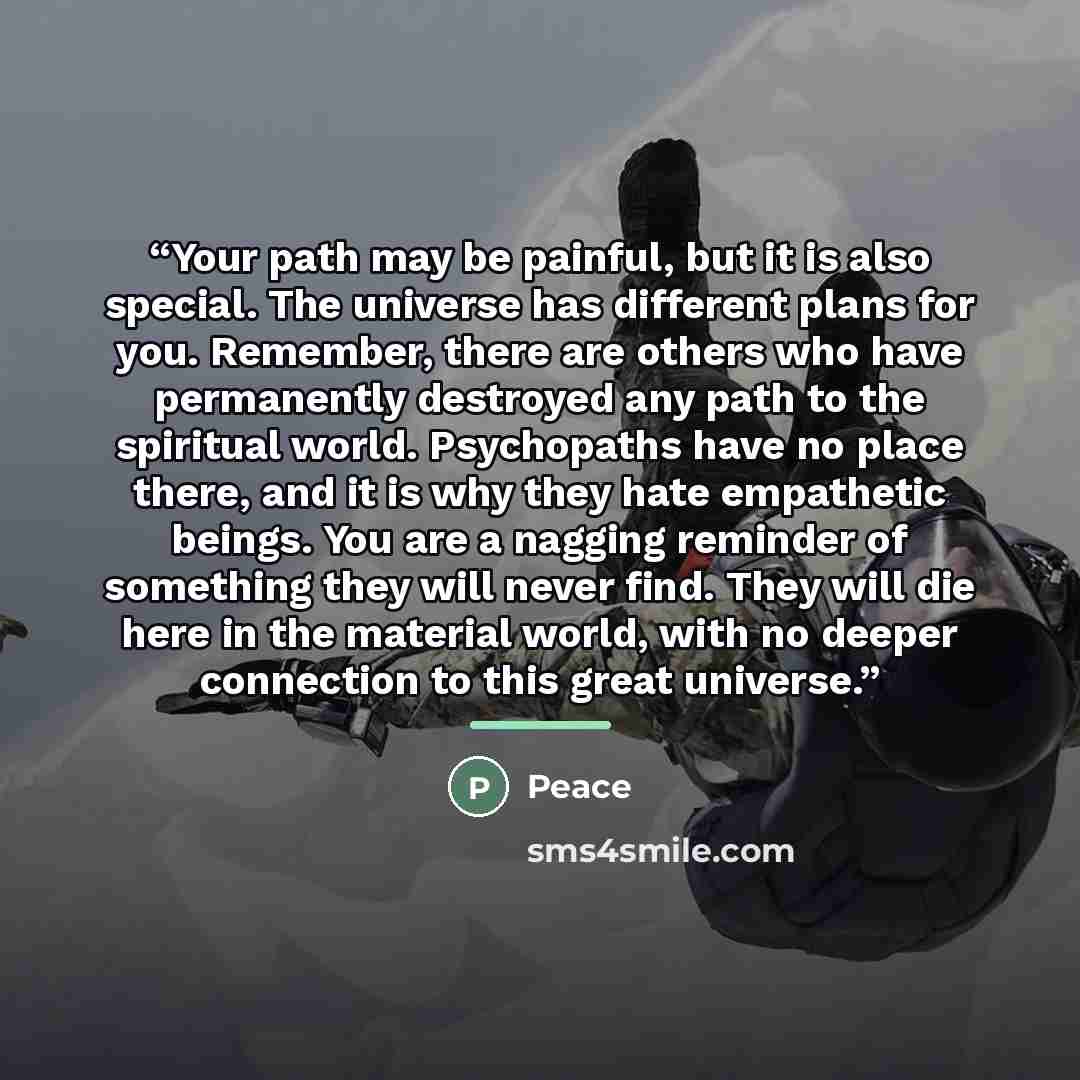 “Your path may be painful, but it is also special. The universe has different plans for you. Remember, there are others who have permanently destroyed any path to the spiritual world. Psychopaths have no place there, and it is why they hate empathetic beings. You are a nagging reminder of something…” quote by Peace