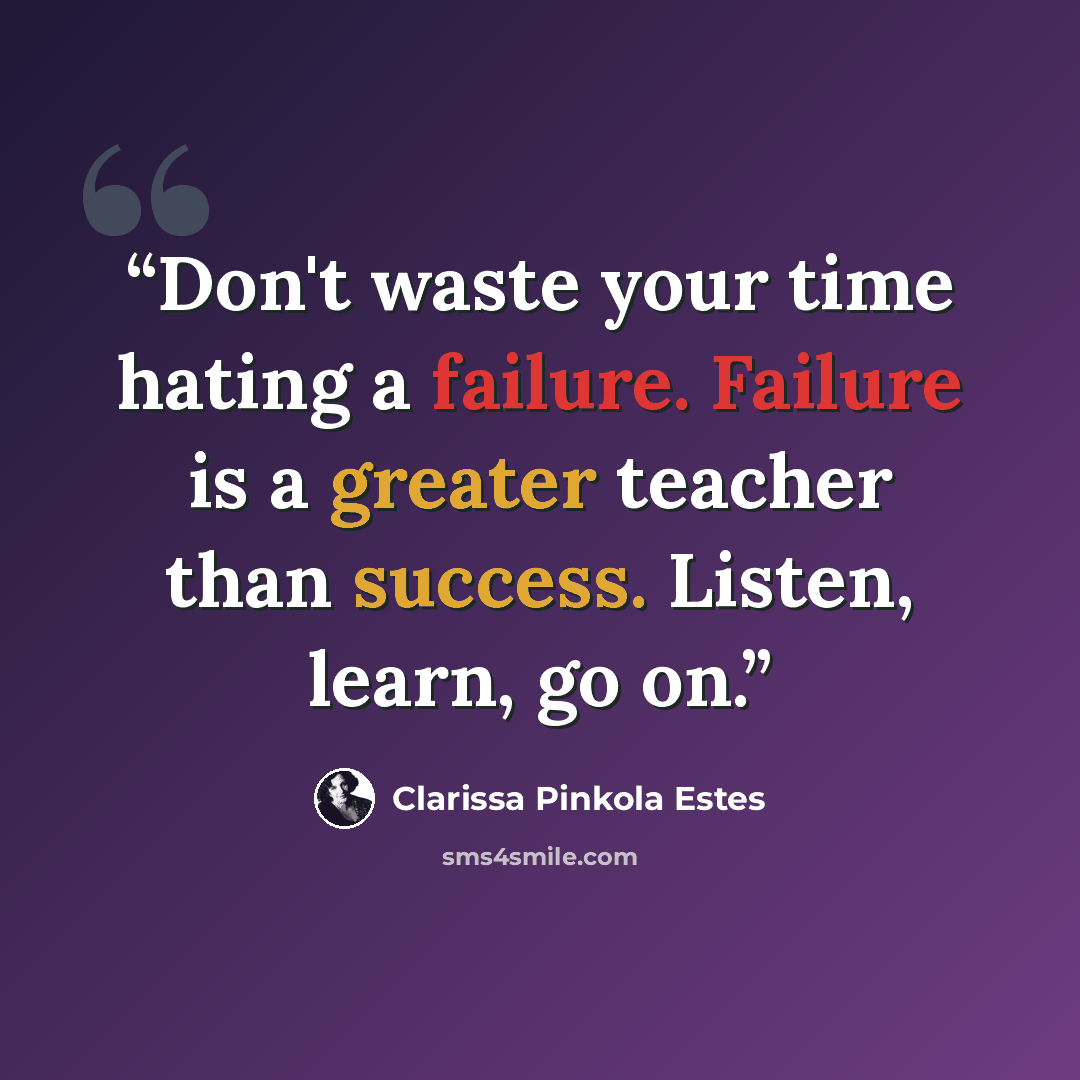 “Don't waste your time hating a failure. Failure is a greater teacher than success. Listen, learn, go on.” quote by Clarissa Pinkola Estés