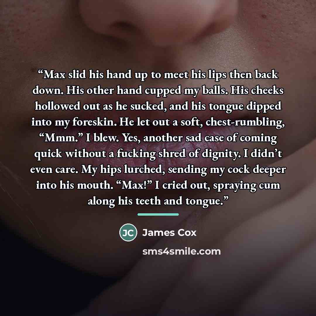 “Max slid his hand up to meet his lips then back down. His other hand cupped my balls. His cheeks hollowed out as he sucked, and his tongue dipped into my foreskin. He let out a soft, chest-rumbling, “Mmm.” I blew. Yes, another sad case of coming quick without a fucking shred of dignity. I didn’t…” quote by James Cox