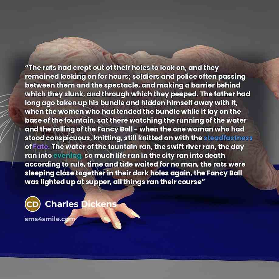 “The rats had crept out of their holes to look on, and they remained looking on for hours; soldiers and police often passing between them and the spectacle, and making a barrier behind which they slunk, and through which they peeped. The father had long ago taken up his bundle and hidden himself…” quote by Charles Dickens