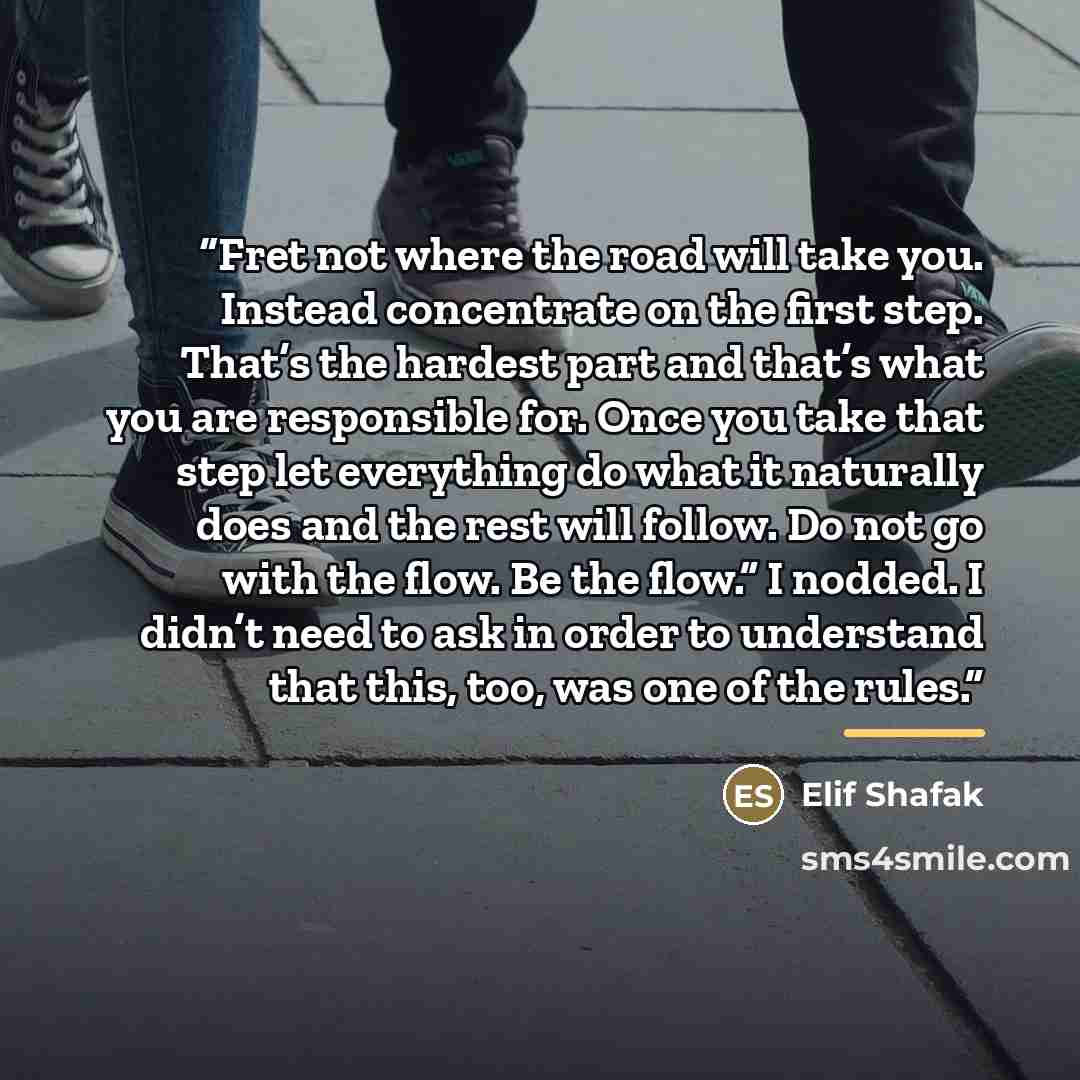 “Fret not where the road will take you. Instead concentrate on the first step. That’s the hardest part and that’s what you are responsible for. Once you take that step let everything do what it naturally does and the rest will follow. Do not go with the flow. Be the flow.” I nodded. I didn’t need…” quote by Elif Shafak