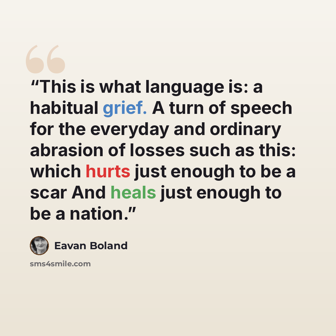 “This is what language is: a habitual grief. A turn of speech for the everyday and ordinary abrasion of losses such as this: which hurts just enough to be a scar And heals just enough to be a nation.” quote by Eavan Boland