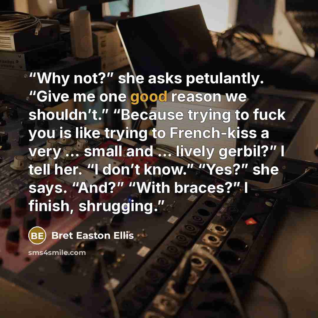“Why not?” she asks petulantly. “Give me one good reason we shouldn’t.” “Because trying to fuck you is like trying to French-kiss a very … small and … lively gerbil?” I tell her. “I don’t know.” “Yes?” she says. “And?” “With braces?” I finish, shrugging.” quote by Bret Easton Ellis