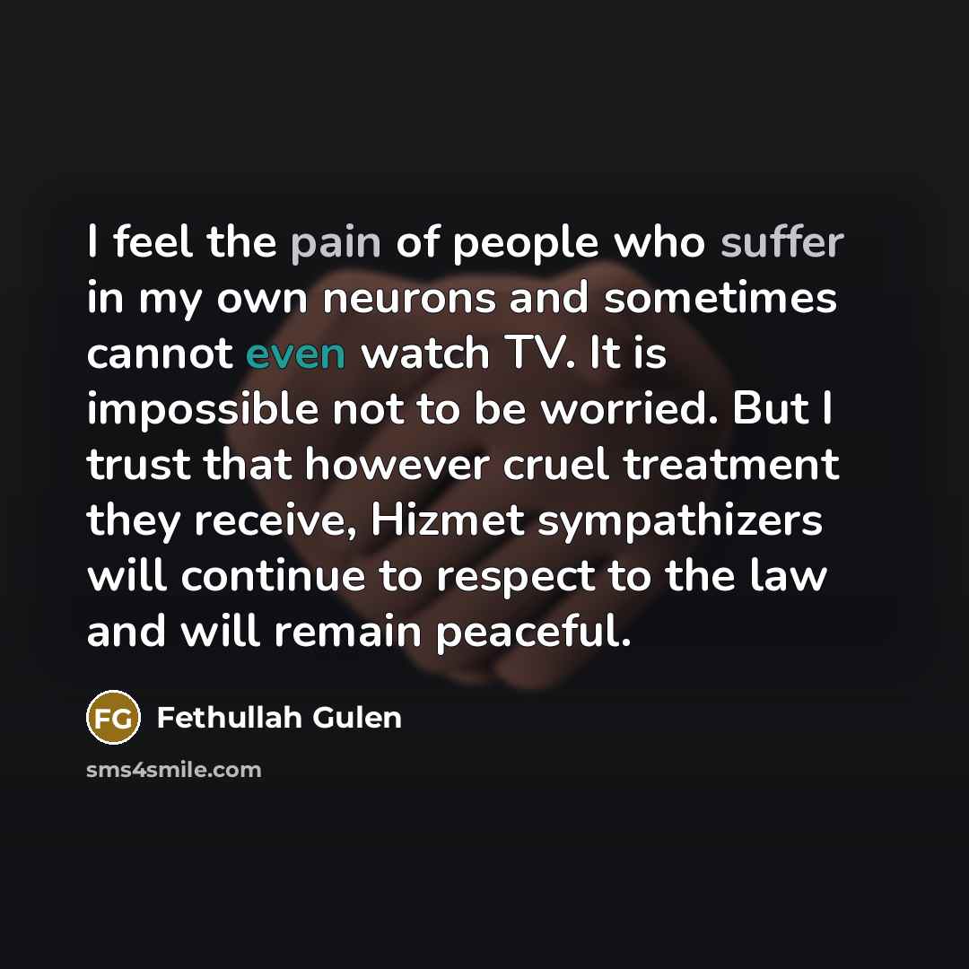 “I feel the pain of people who suffer in my own neurons and sometimes cannot even watch TV. It is impossible not to be worried. But I trust that however cruel treatment they receive, Hizmet sympathizers will continue to respect to the law and will remain peaceful.” quote by Fethullah Gulen