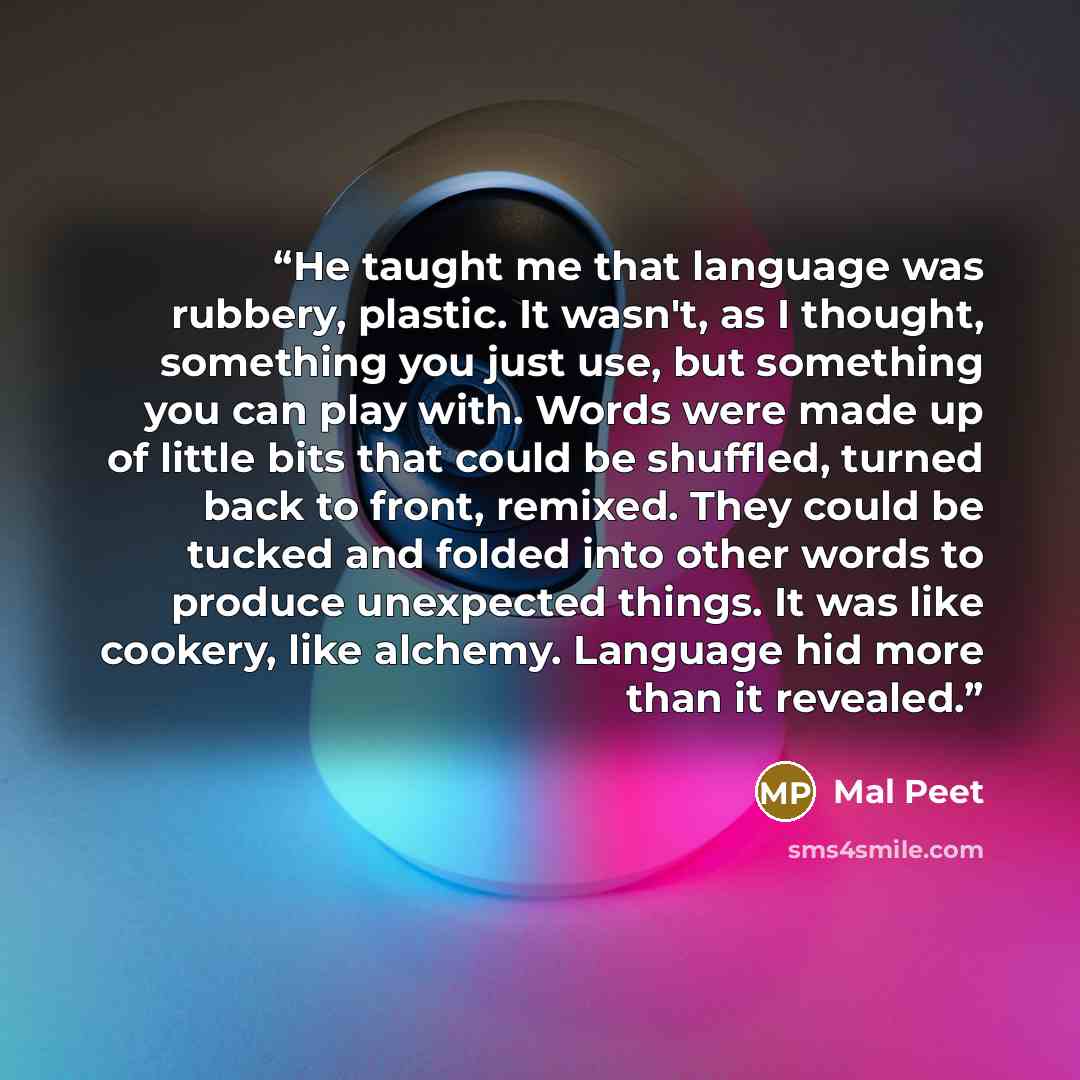“He taught me that language was rubbery, plastic. It wasn't, as I thought, something you just use, but something you can play with. Words were made up of little bits that could be shuffled, turned back to front, remixed. They could be tucked and folded into other words to produce unexpected things…” quote by Mal Peet