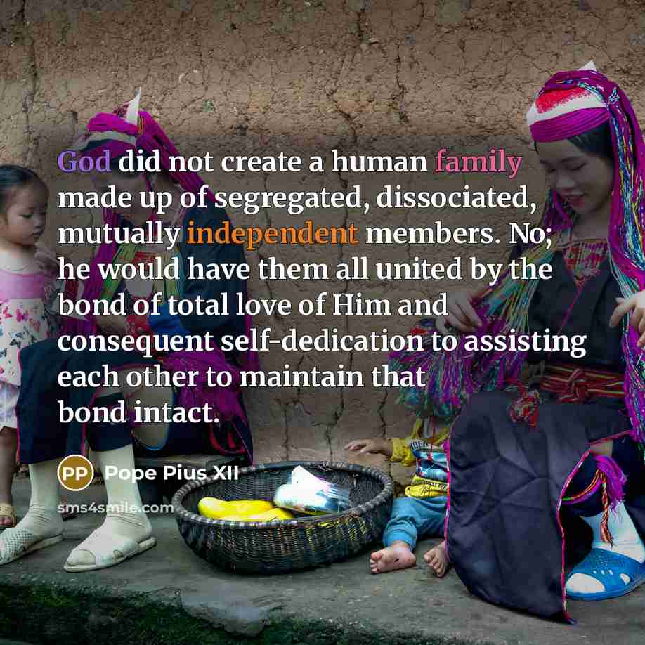 “God did not create a human family made up of segregated, dissociated, mutually independent members. No; he would have them all united by the bond of total love of Him and consequent self-dedication to assisting each other to maintain that bond intact.” quote by Pope Pius XII