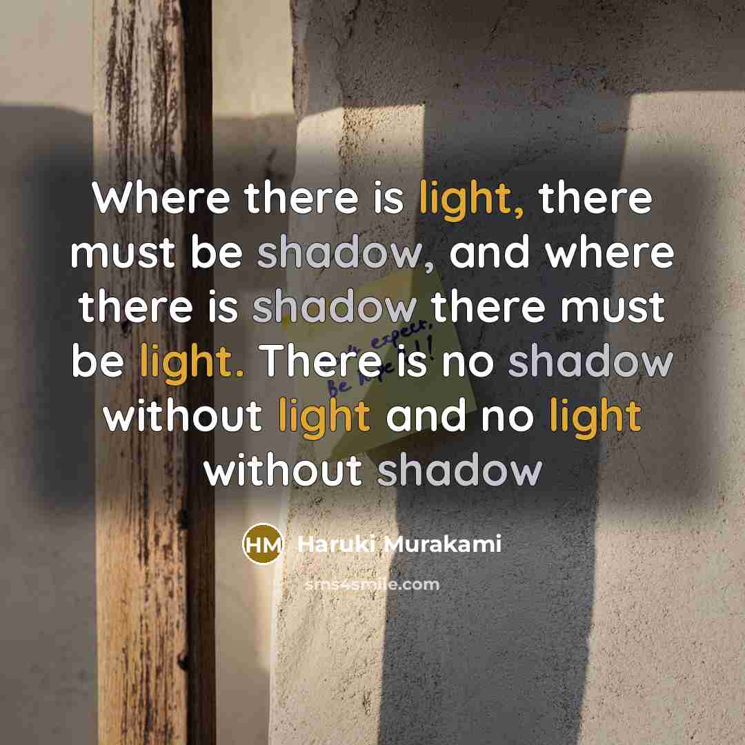 “Where there is light, there must be shadow, and where there is shadow there must be light. There is no shadow without light and no light without shadow” quote by Haruki Murakami
